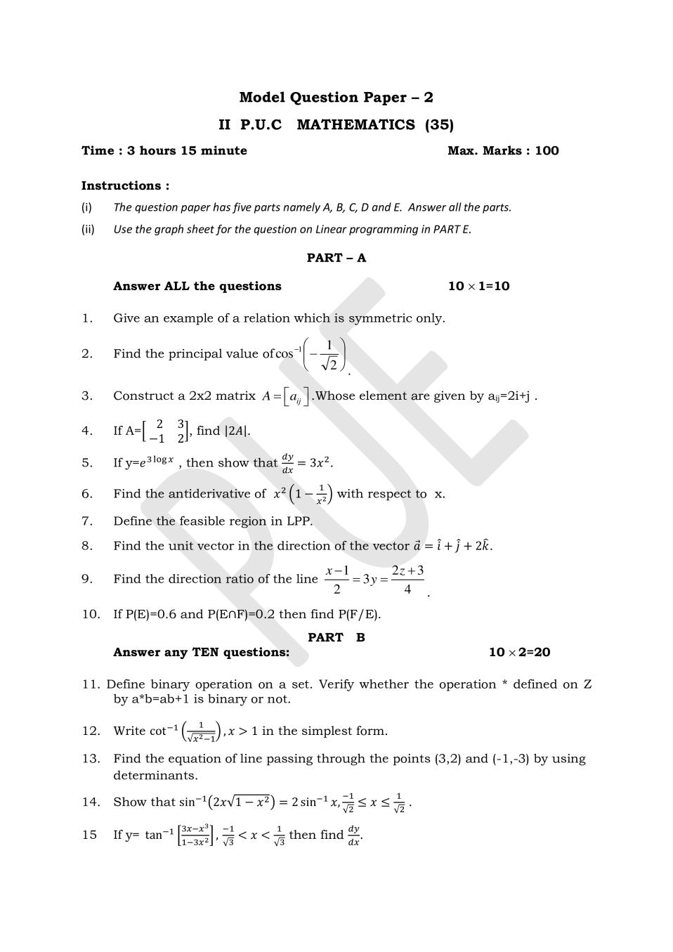 Karnataka 2nd PUC Model Question Paper for Maths Set 2 - Page 1