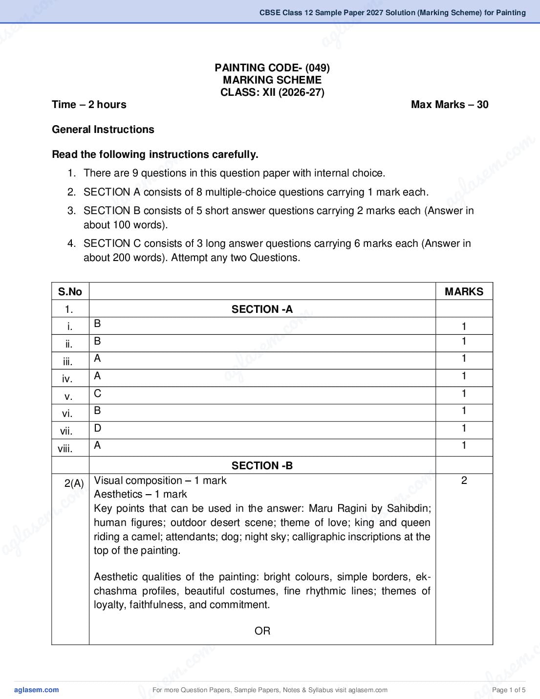 CBSE Class 12 Sample Paper 2027 Solution (Marking Scheme) for Painting - Page 1 of 5