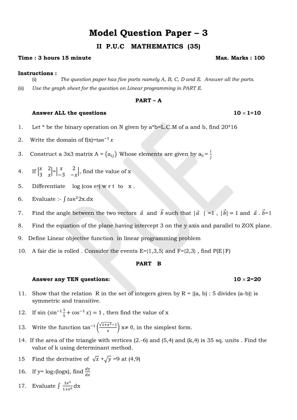 Karnataka 2nd PUC Model Question Paper for Maths Set 3 - Page 1