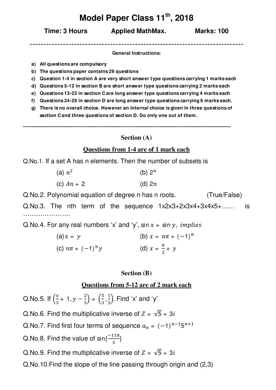 JKBOSE 11th Model Paper Applied Maths - Page 1
