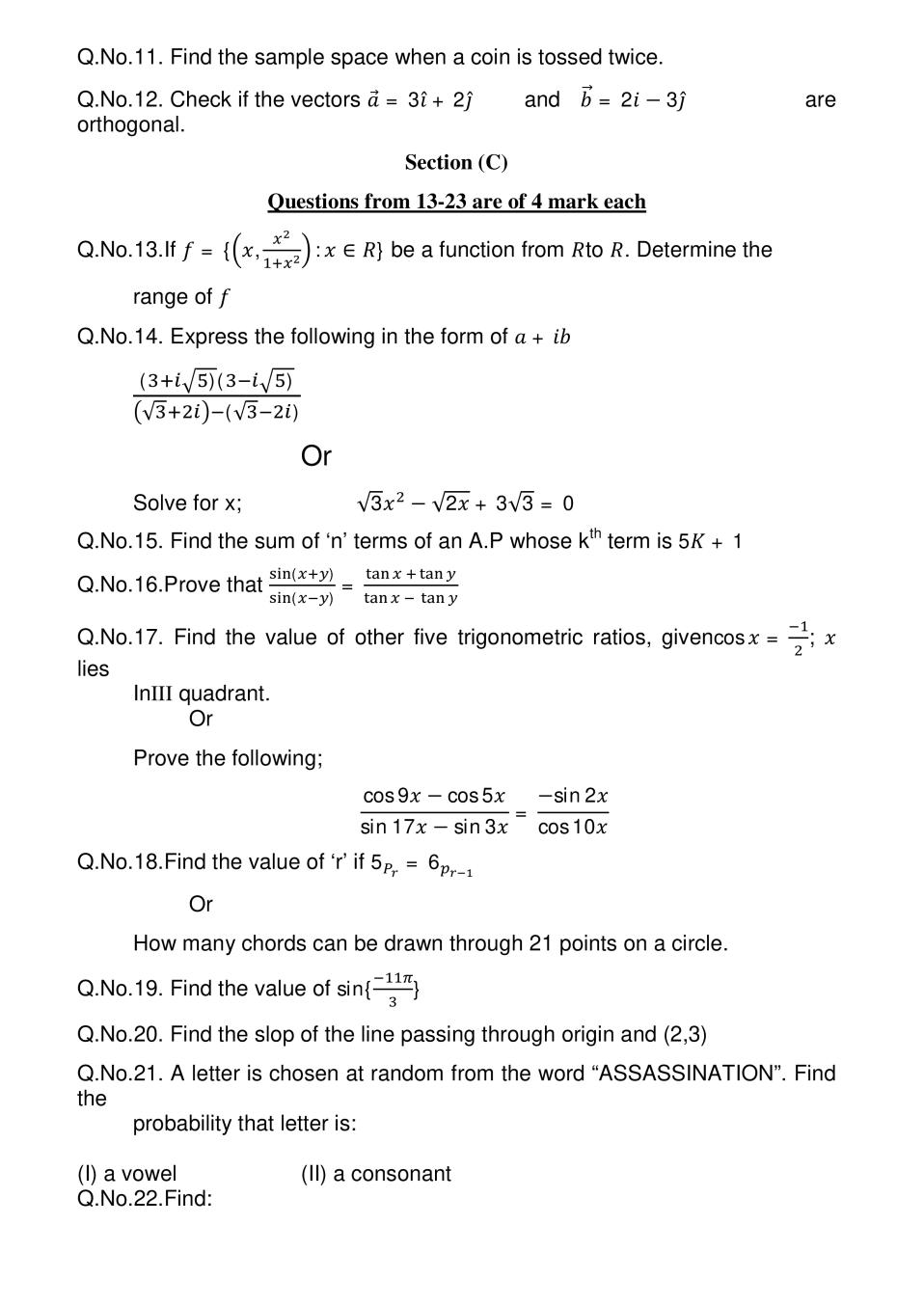 JKBOSE Class 11th Model Question Paper 2023 for Applied Maths JK