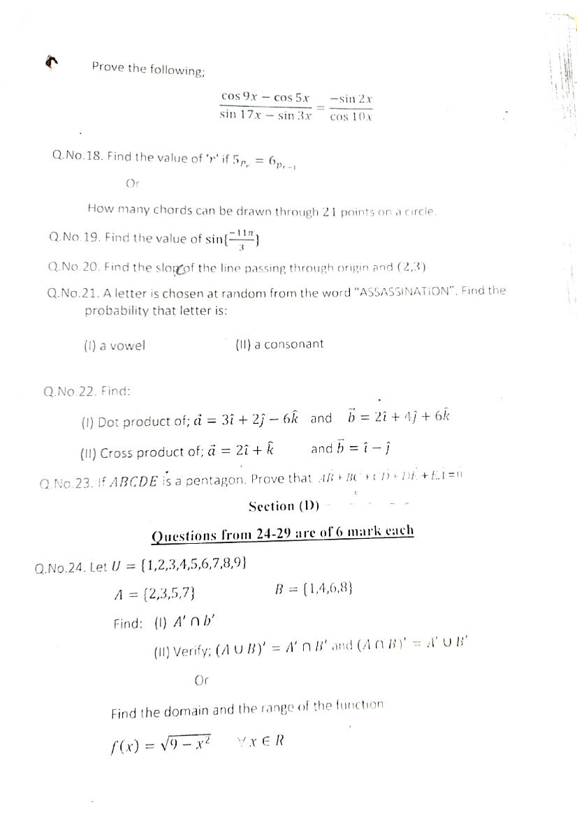 JKBOSE Class 11th Model Question Paper 2023 for Applied Maths - JK ...