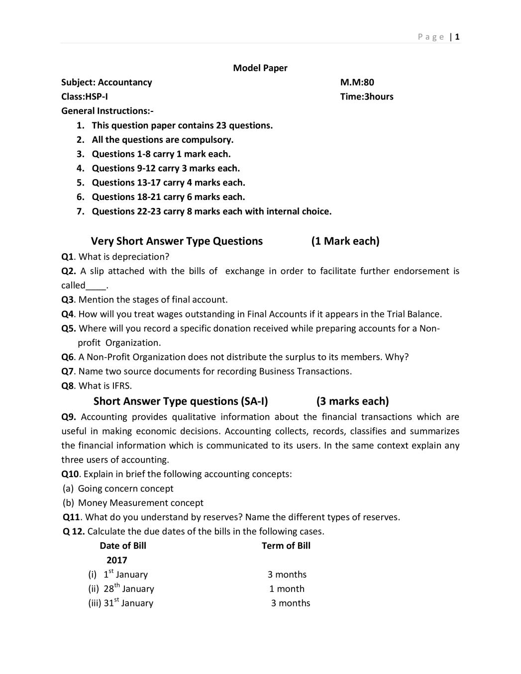 JKBOSE 11th Model Paper Accountancy - Page 1
