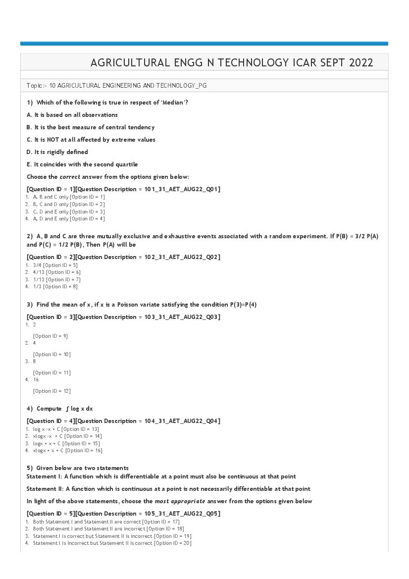 ICAR AIEEA PG 2022 Question Paper Agricultural Engineering and Technology - Page 1