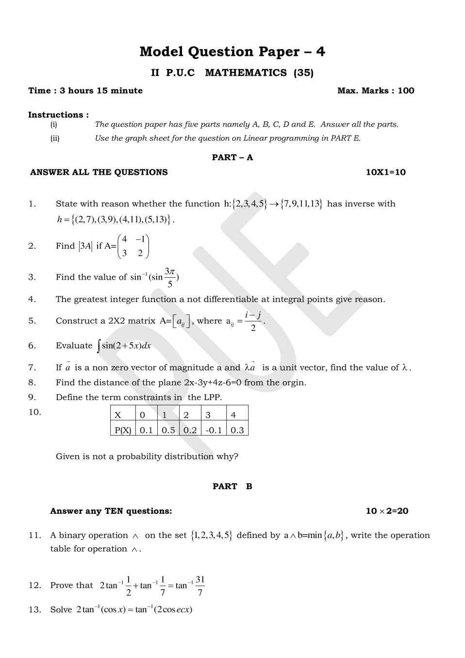 Karnataka 2nd PUC Model Question Paper for Maths Set 4 - Page 1