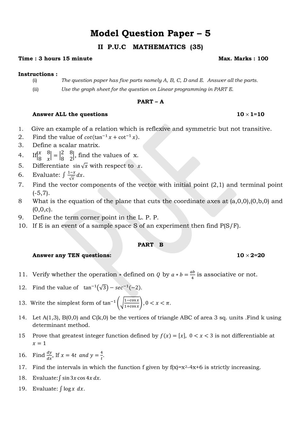 Karnataka 2nd PUC Model Question Paper for Maths Set 5 - Page 1