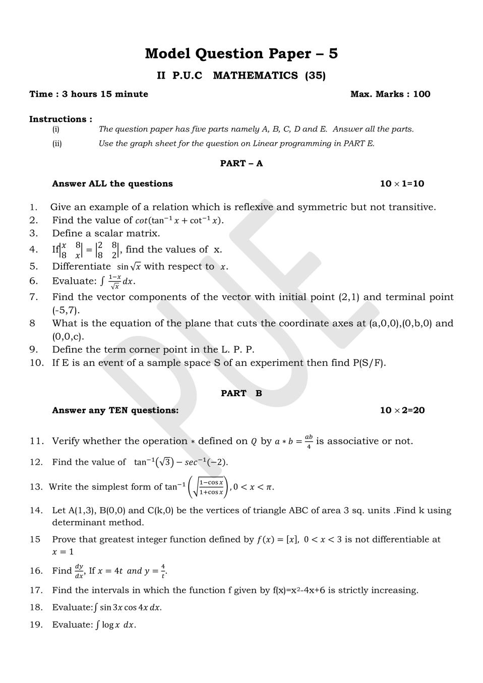 Maths Question Paper 2020 Class 12 Karnataka Board - paper-exampl