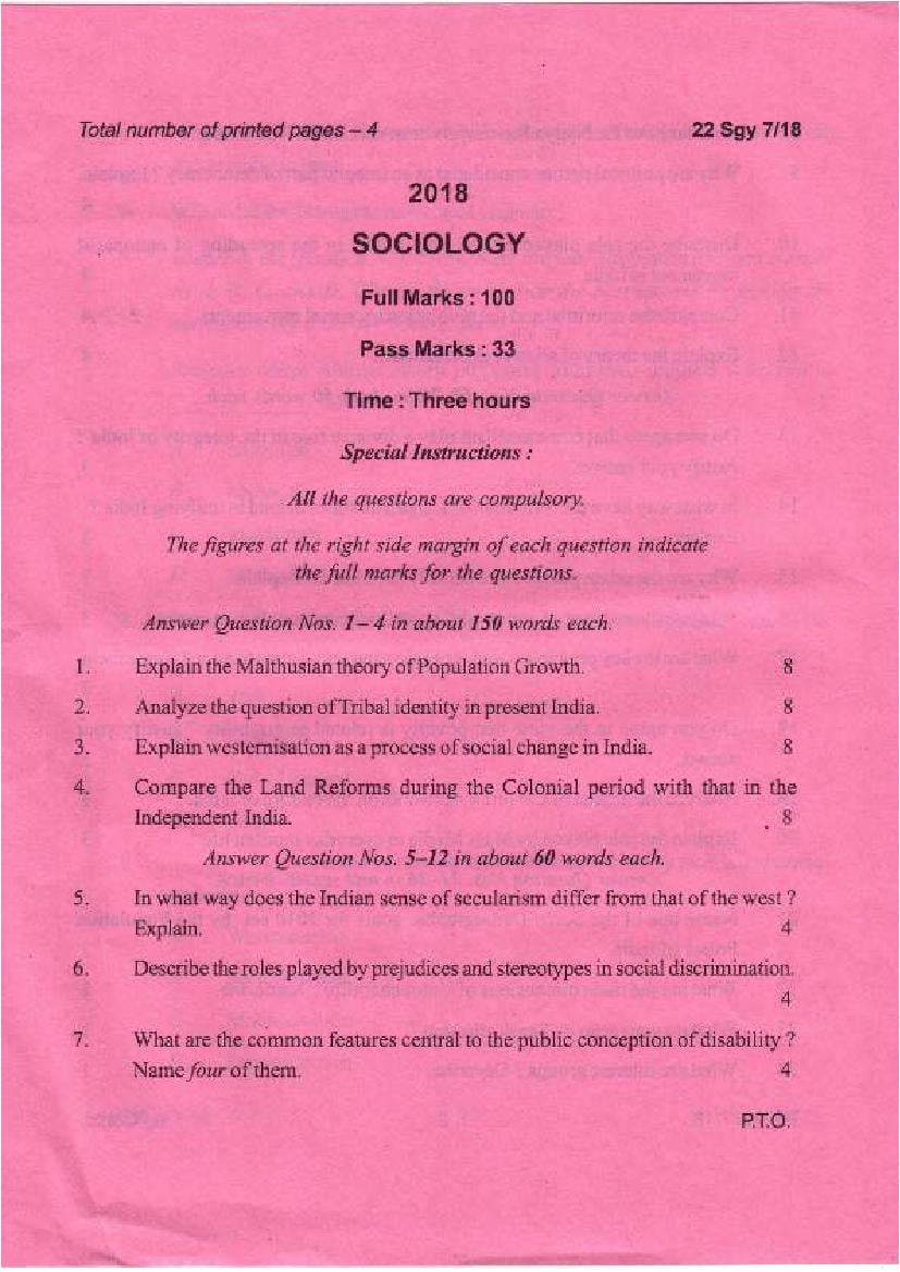 Manipur Board Class 12 Question Paper 2018 for sociology - Page 1