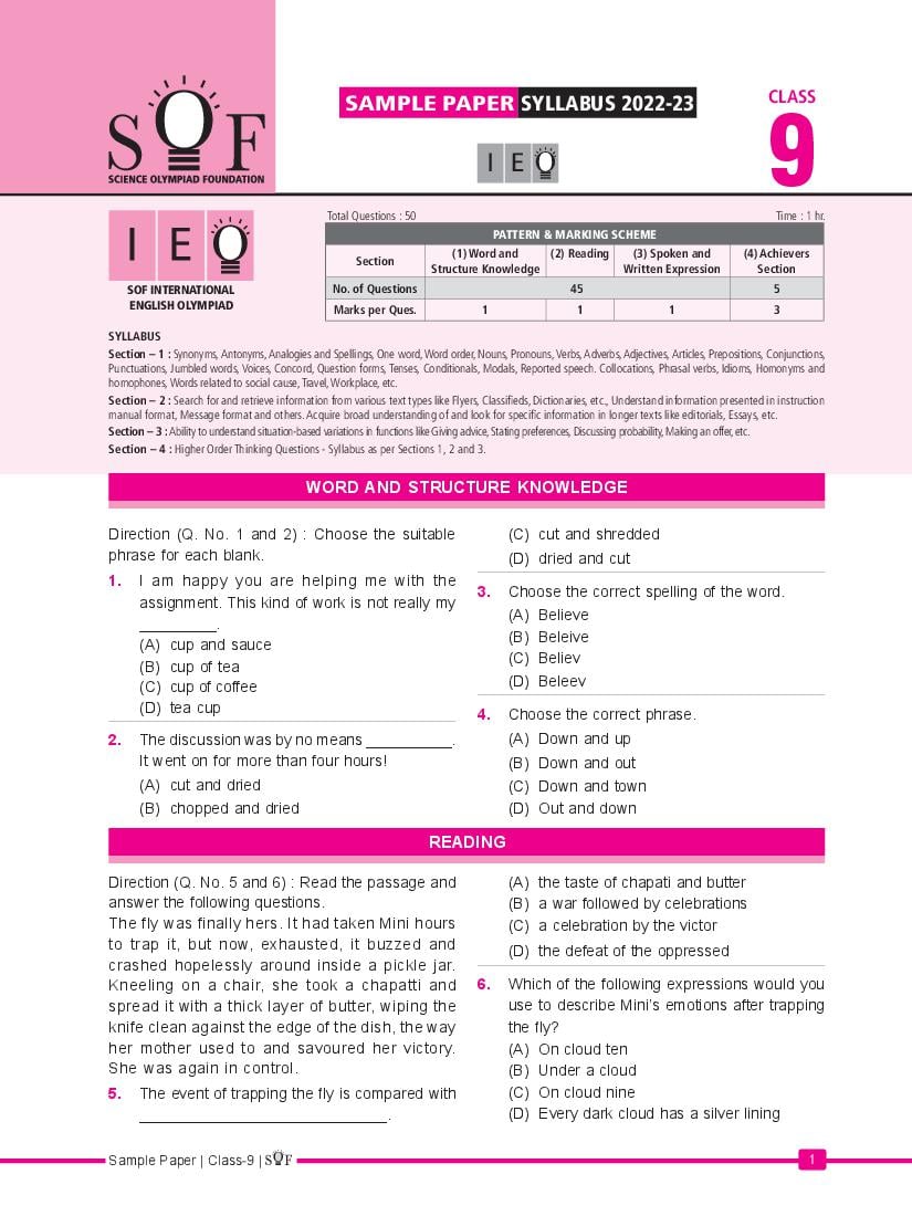 SOF IEO Sample Paper 2023 Class 9 - Page 1