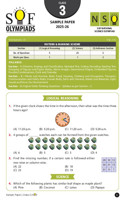 SOF NSO Sample Paper 2026 Class 3 - Page 1
