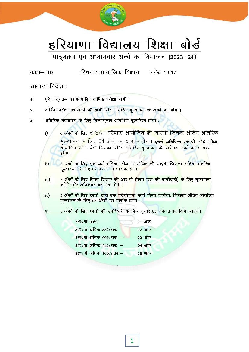 HBSE Class 10 Syllabus 2024 Social Science - Page 1