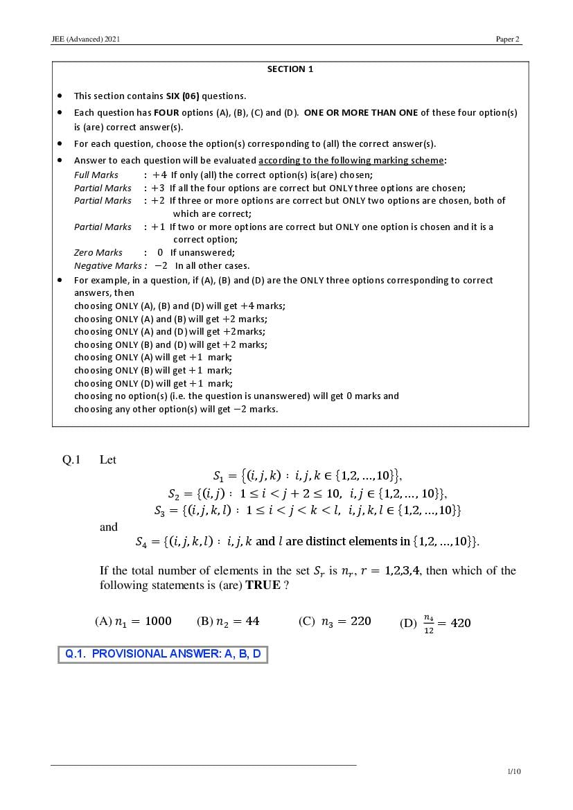 JEE Advanced 2021 Provisional Answer Key Paper 2 Mathematics - Page 1