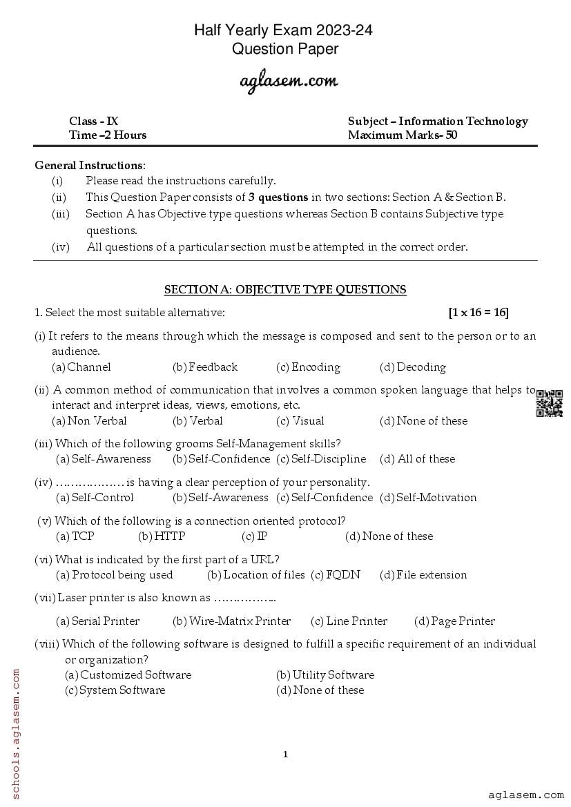 Class 9 Information Technology Half Yearly Question Paper 2024 ...