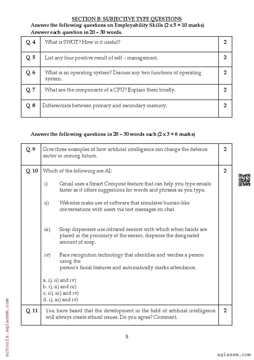 Class 9 Artificial Intelligence Half Yearly Question Paper 2024 ...