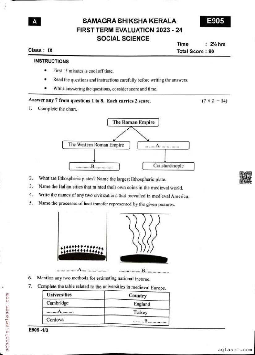 Class 9 Social Science Onam Exam Question Paper 2024 | Kerala Std 9 ...