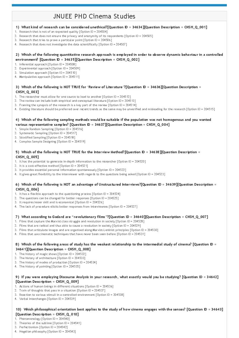 JNUEE 2021 Question Paper Ph.D Cinema Studies - Page 1