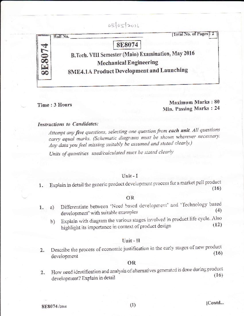 RTU 2016 Question Paper Semester VIII Mechanical Engineering Product Development and Launching - Page 1