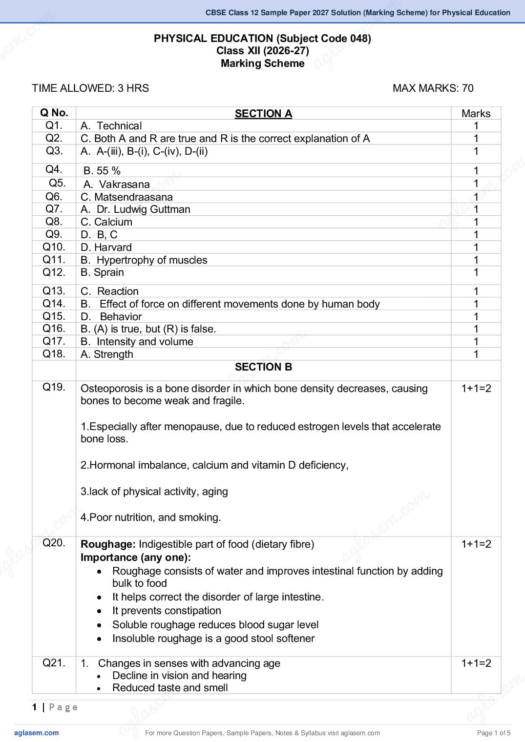 CBSE Class 12 Sample Paper 2027 Solution (Marking Scheme) for Physical Education - Page 1 of 5