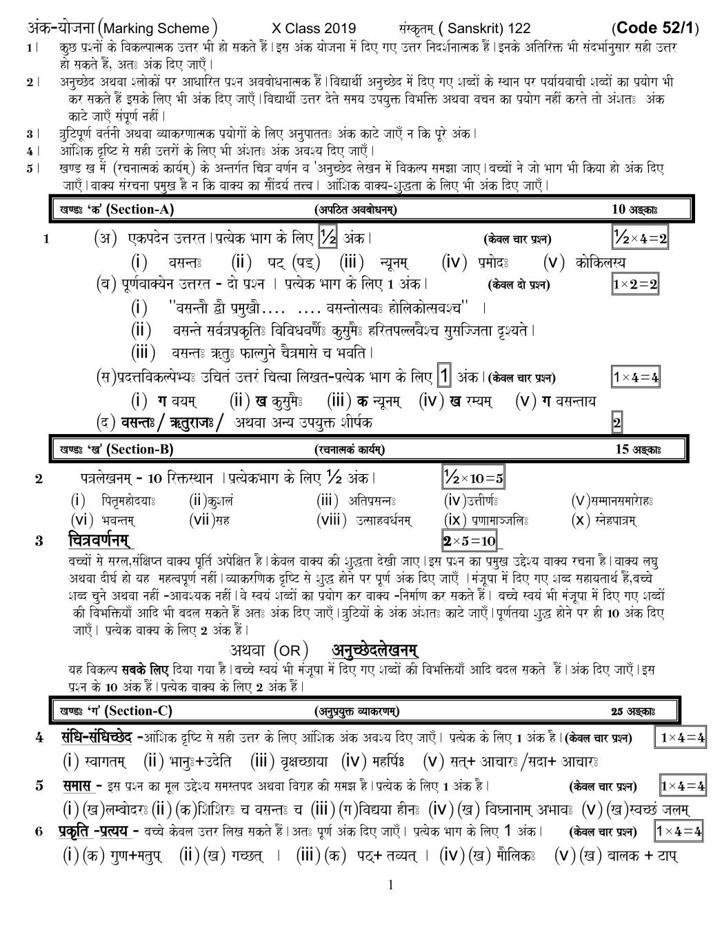 CBSE Class 10 Sanskrit Question Paper 2019 set 52-1 Solutions - Page 1