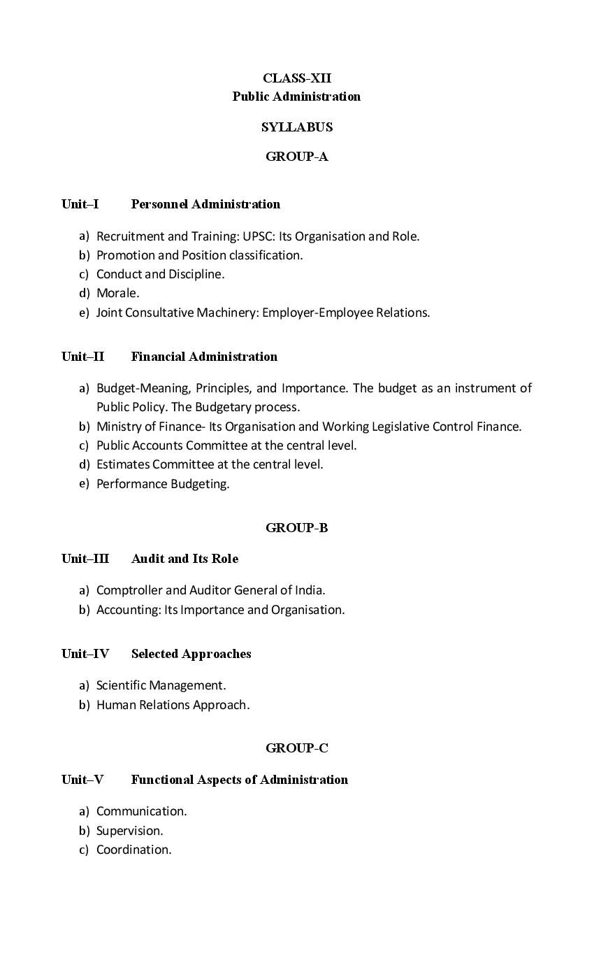 PSEB 12th Class Syllabus 2023 Punblic Administration - Page 1