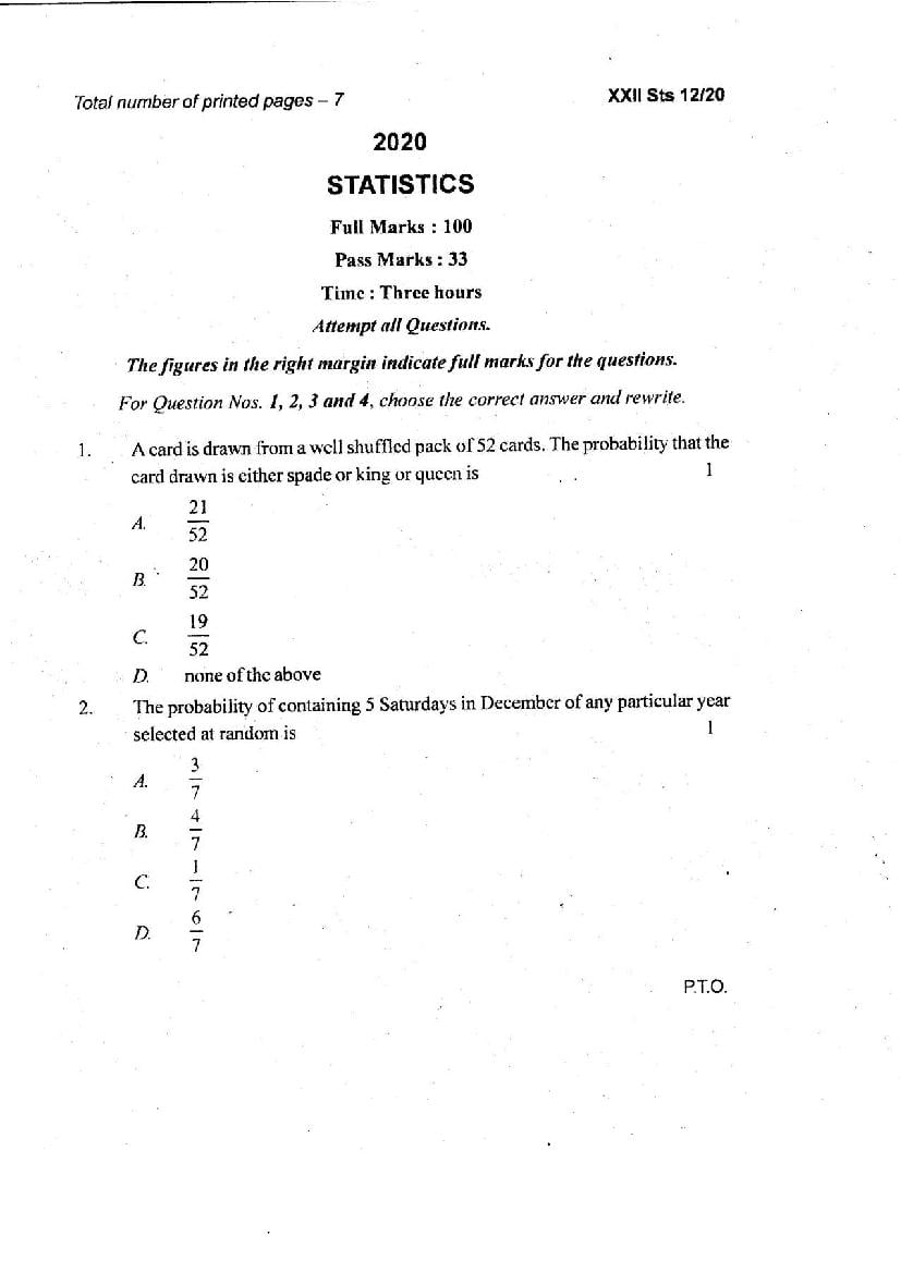 Manipur Board Class 12 Question Paper 2020 for Statistics - Page 1