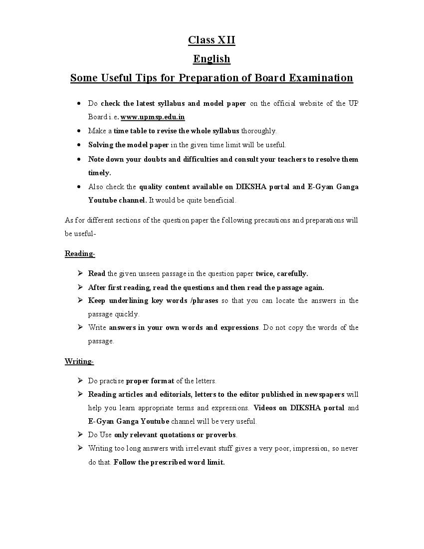 UP Board Class 12 English Exam Preparation Tips - Page 1