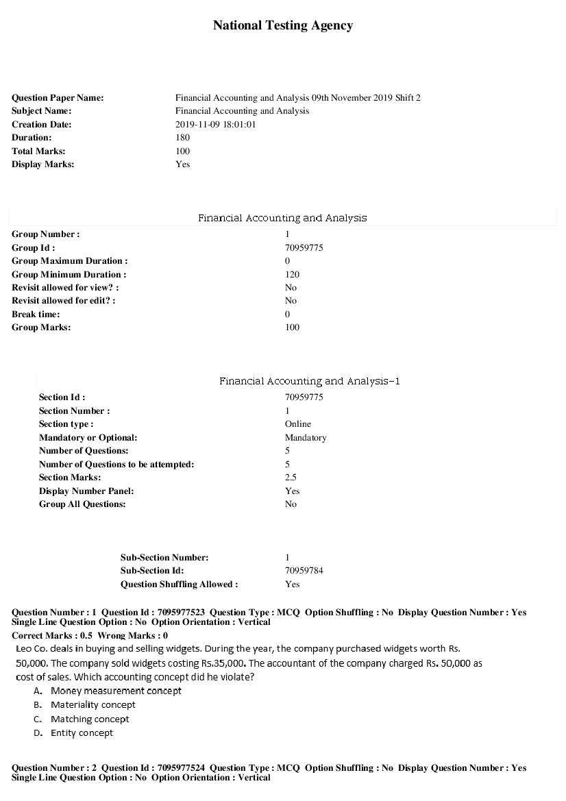 SWAYAM 2019 Question Paper Financial Accounting and Analysis - Page 1 of 16