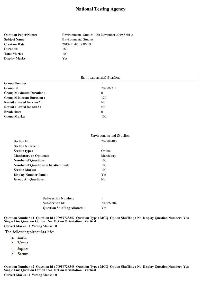 SWAYAM 2019 Question Paper Environmental Studies - Page 1