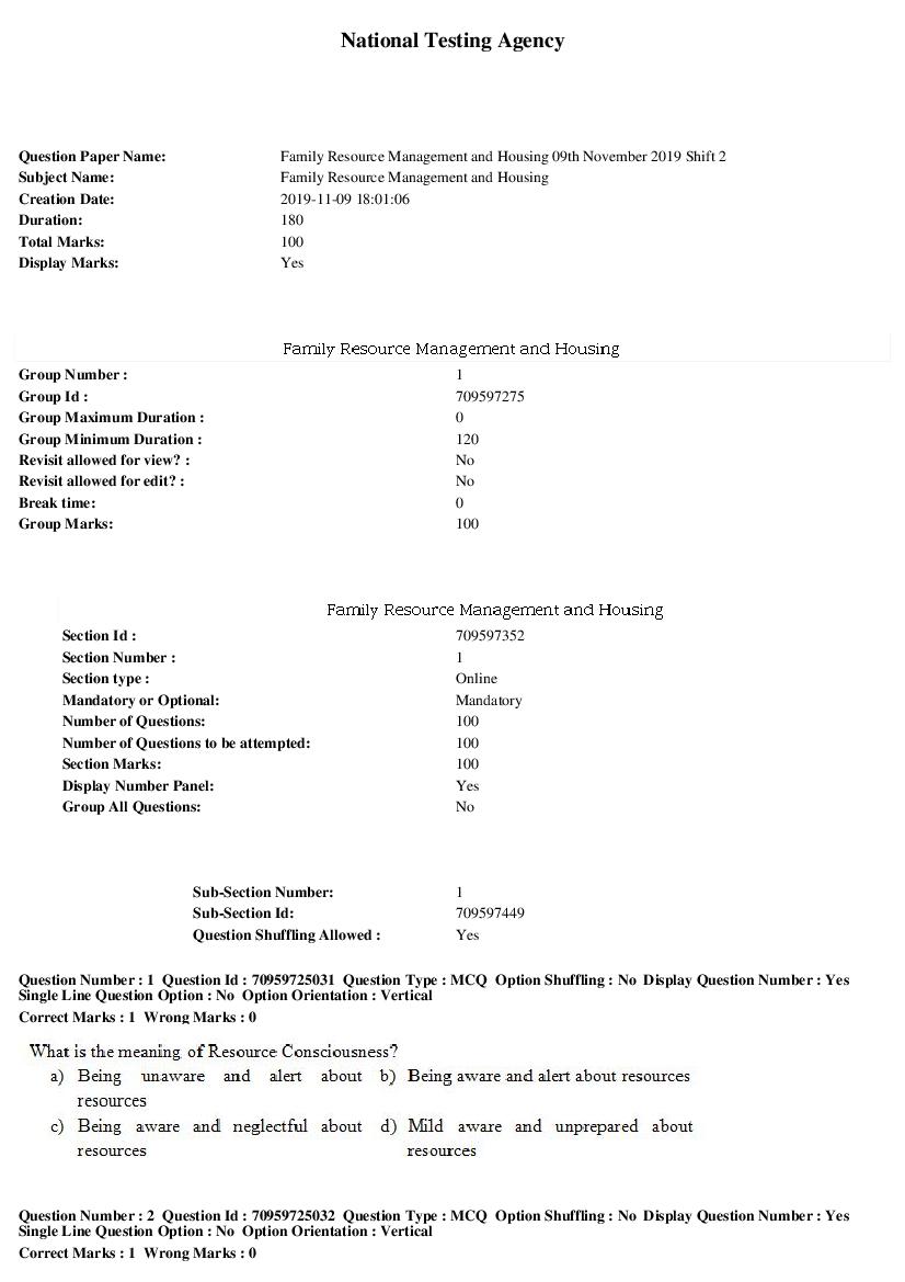 SWAYAM 2019 Question Paper Family Resource Management and Housing - Page 1 of 19