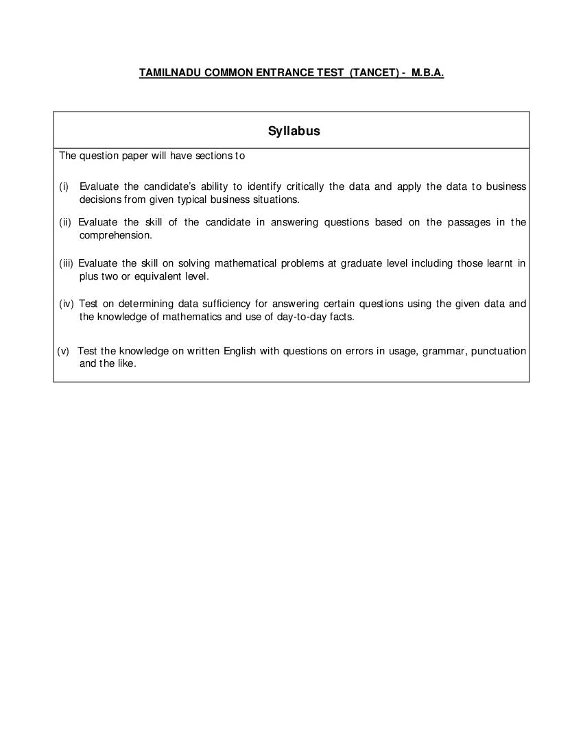 Tamil Nadu Tancet 2018 Syllabus