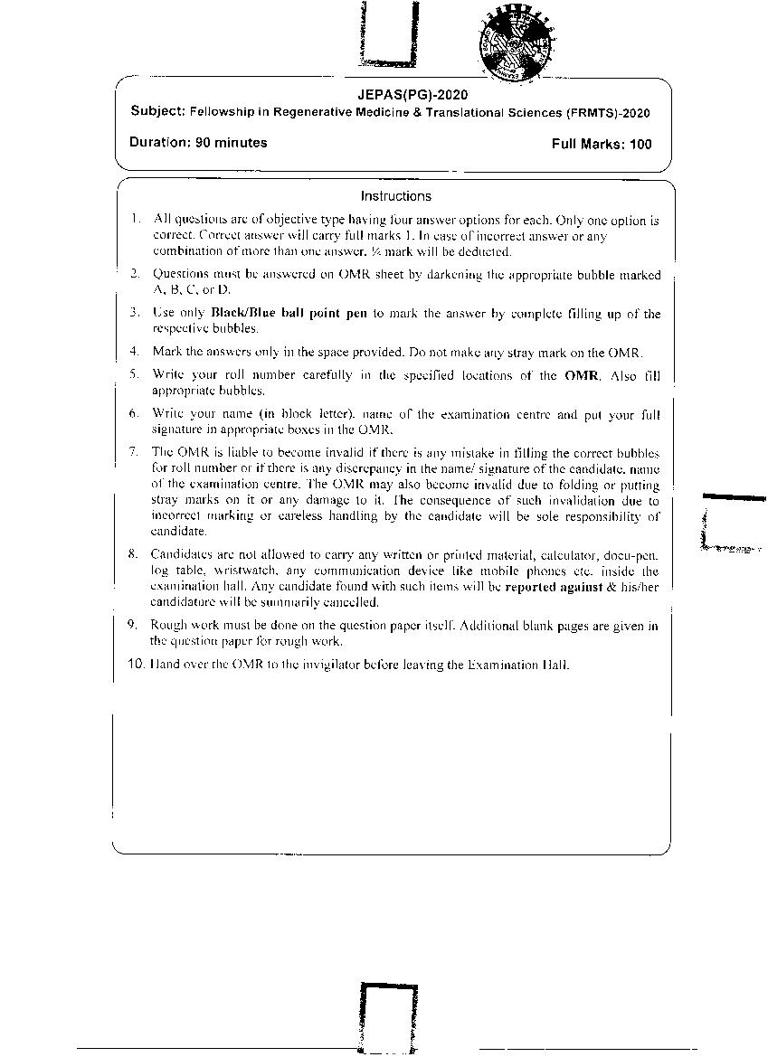 JEMAS PG 2020 Question Paper FRMTS - Page 1 of 12