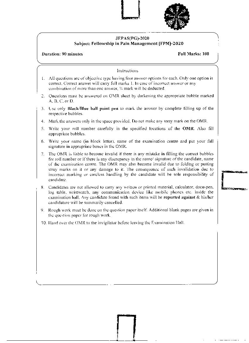 JEMAS PG 2020 Question Paper FPM - Page 1
