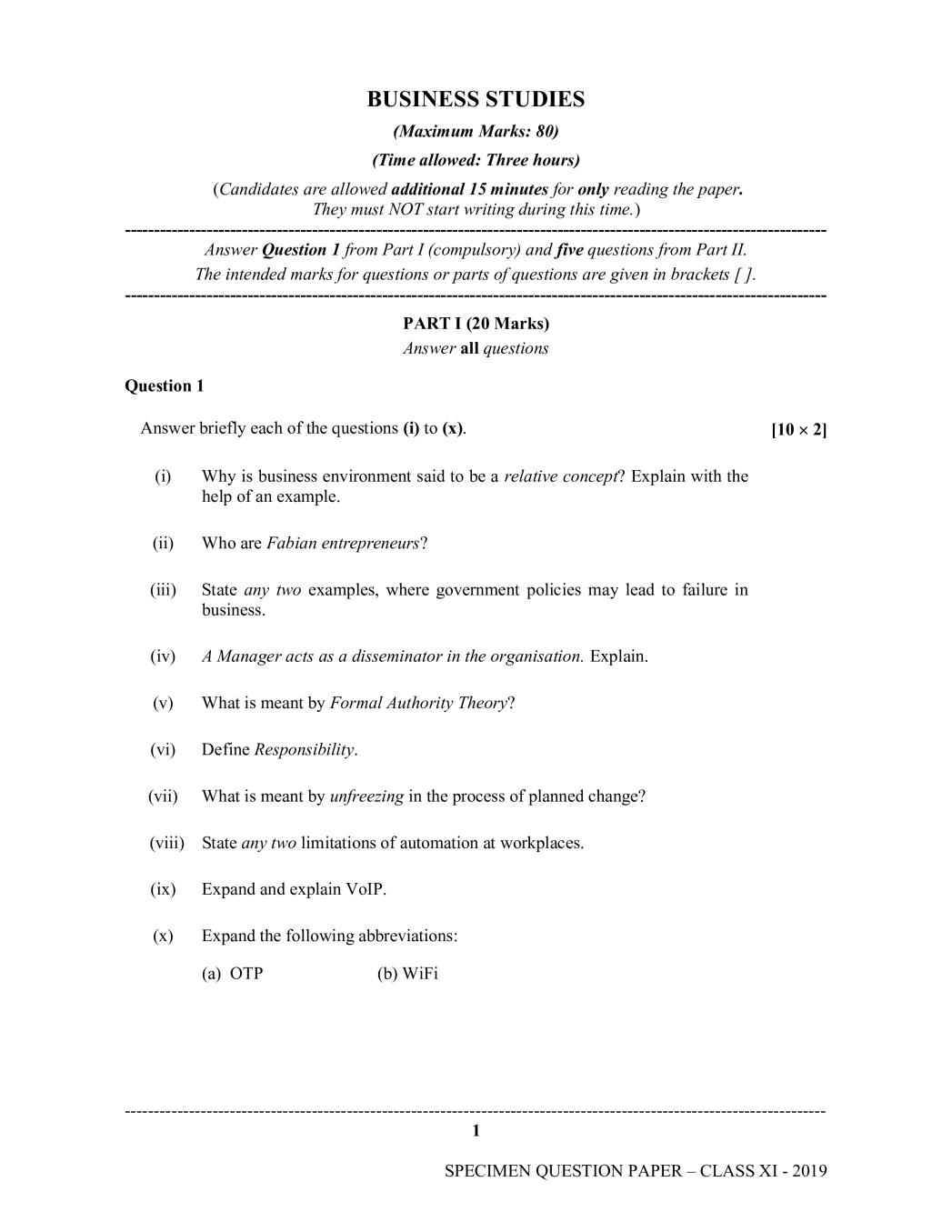 ISC Class 11 Specimen Paper for Business Studies - Page 1