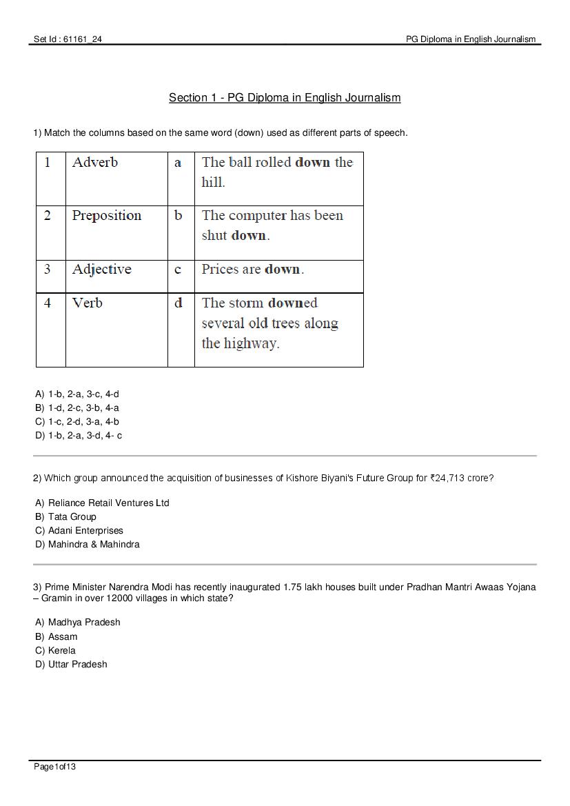 IIMC 2020 Entrance Exam Question Paper PG Diploma in English Journalism - Page 1