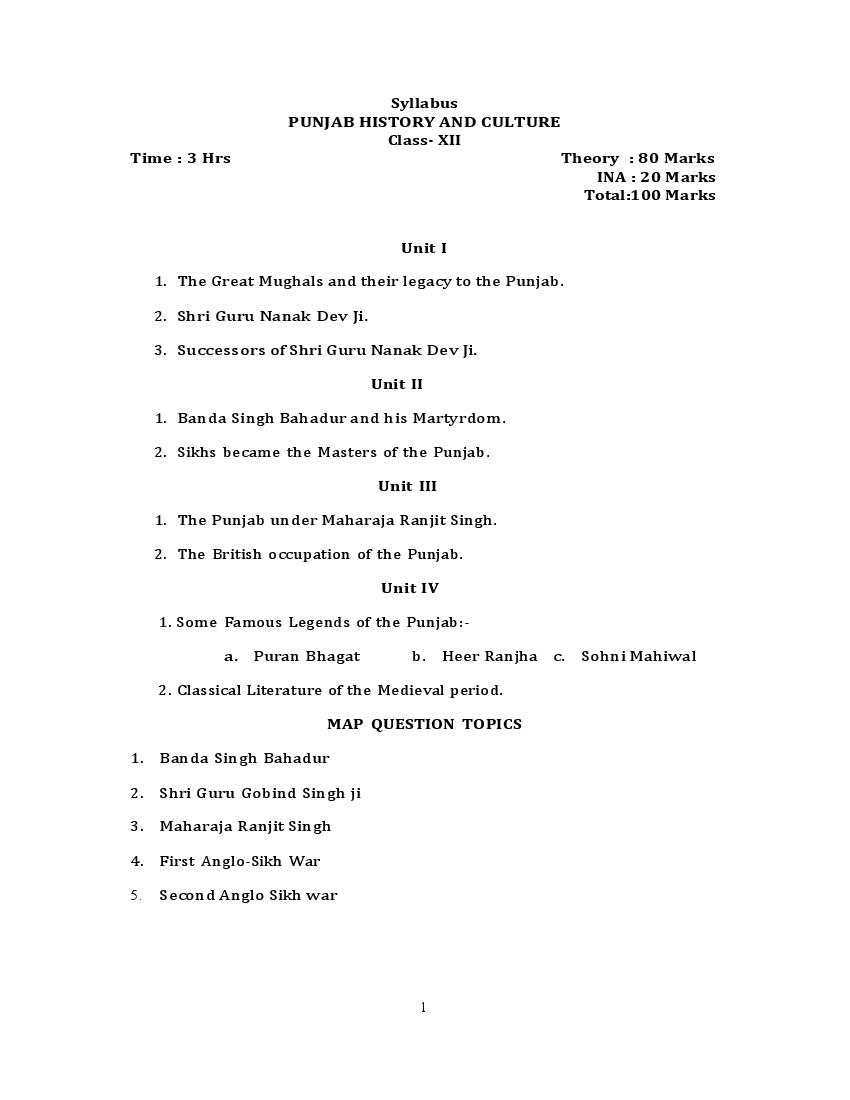 PSEB 12th Class Syllabus 2023 Punjab History and Culture - Page 1