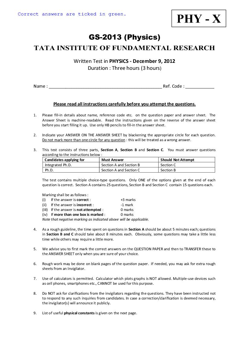 TIFR GS 2013 Question Paper Physics X - Page 1