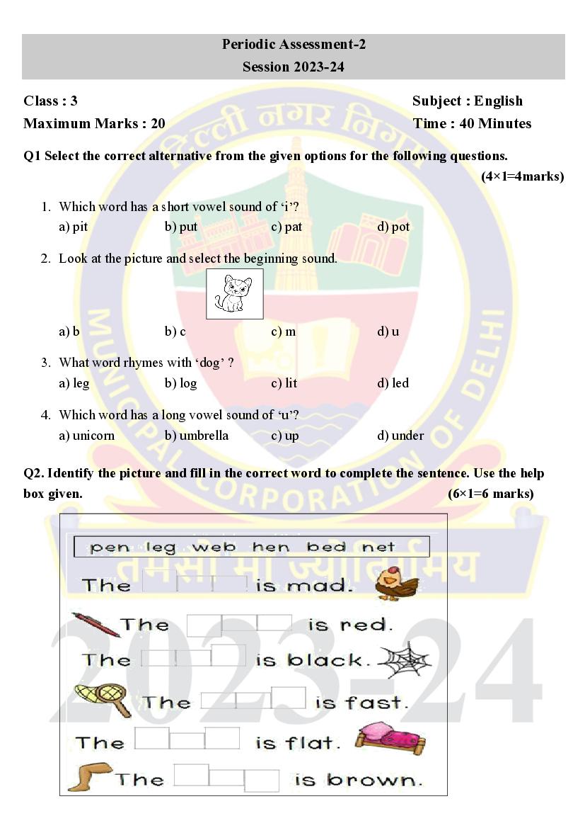 Delhi Class 3 Periodic Test Question Paper 2023-24 English - Page 1 of 2