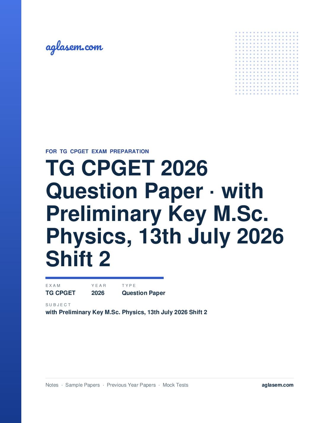 TG CPGET 2026 Question Paper with Preliminary Key M.Sc. Physics, 13th July 2026 Shift 2 - Page 1 of 52