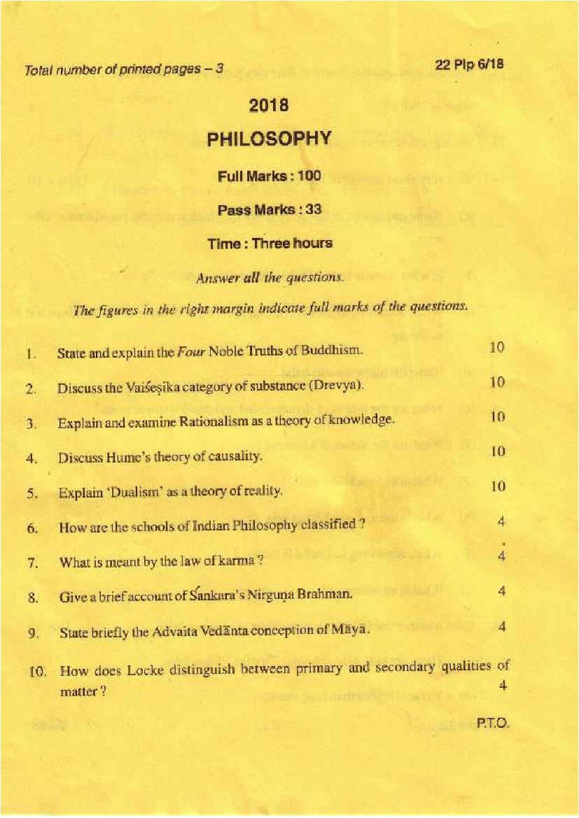 Manipur Board Class 12 Question Paper 2018 for Philosophy - Page 1