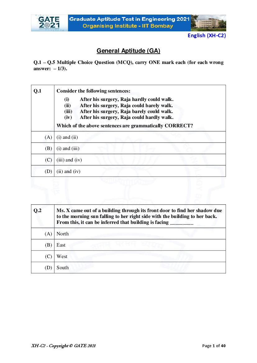 GATE 2021 Question Paper XH C2 Humanities and Social Sciences - English - Page 1