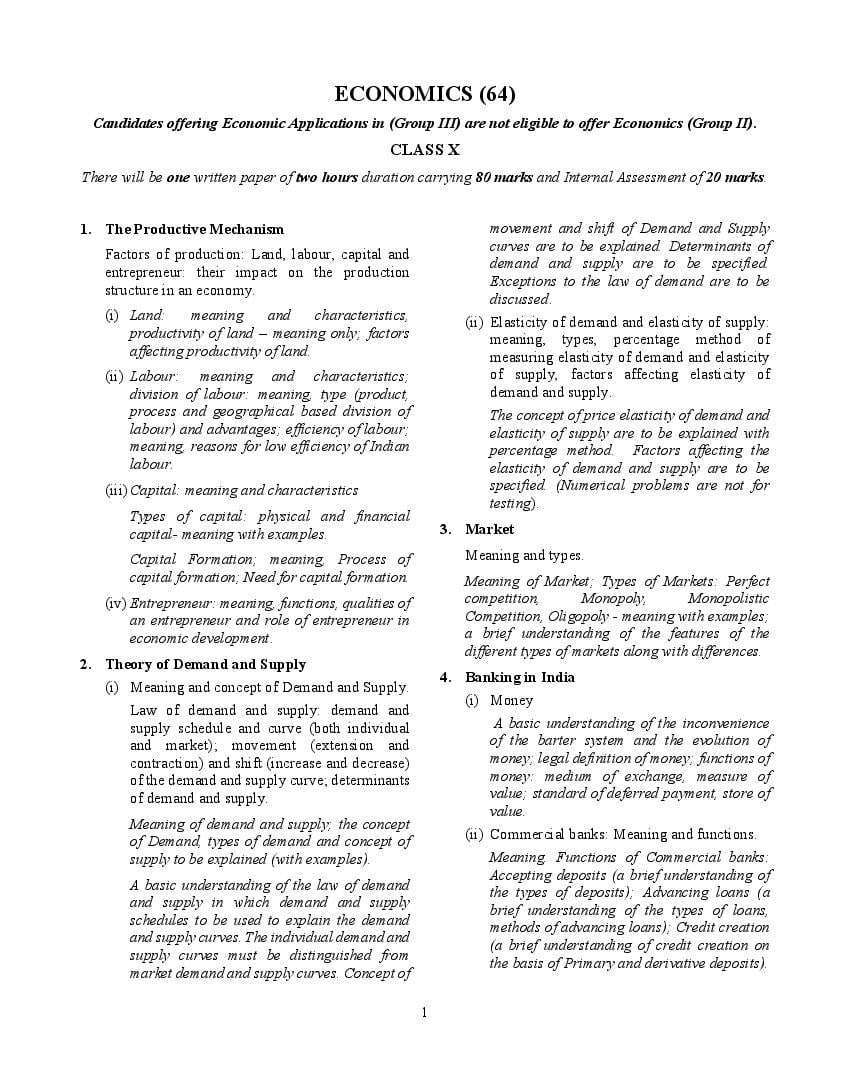 ICSE Class 10 Syllabus 2023 Economics (Revised) - Page 1