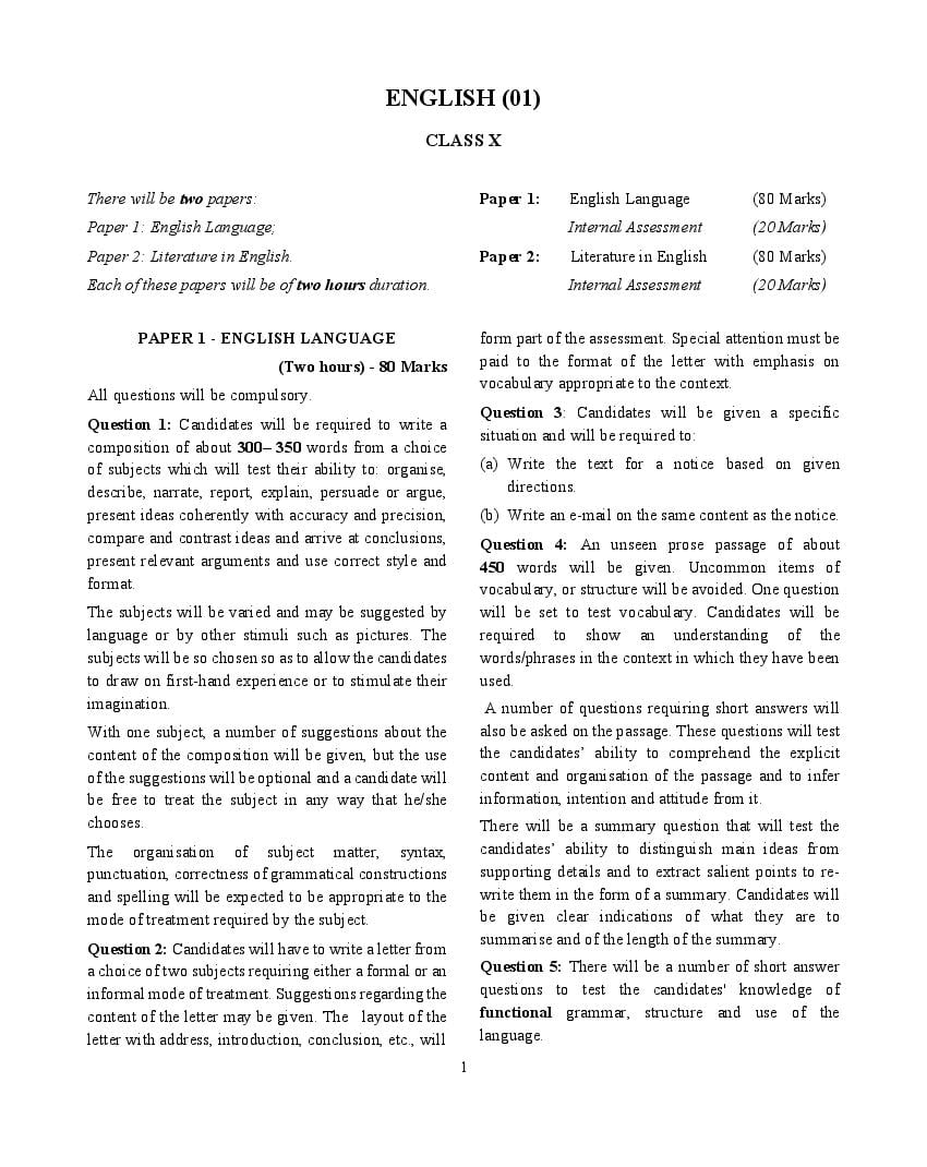 ICSE Class 10 Syllabus 2023 English (Revised) - Page 1