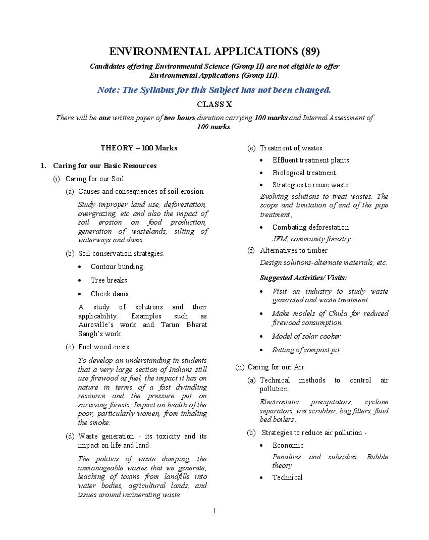 ICSE Class 10 Syllabus 2023 Environmental Applications (Revised) - Page 1