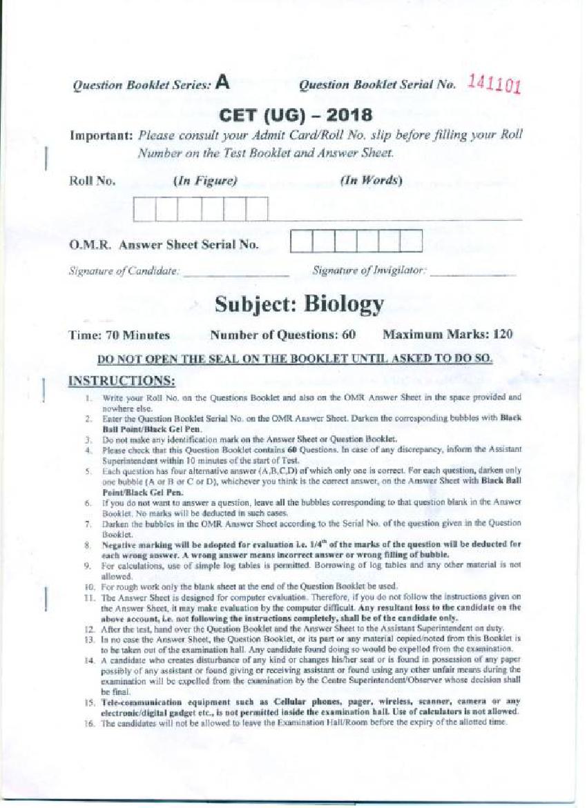 PU CET UG 2018 Question Paper Biology - Page 1