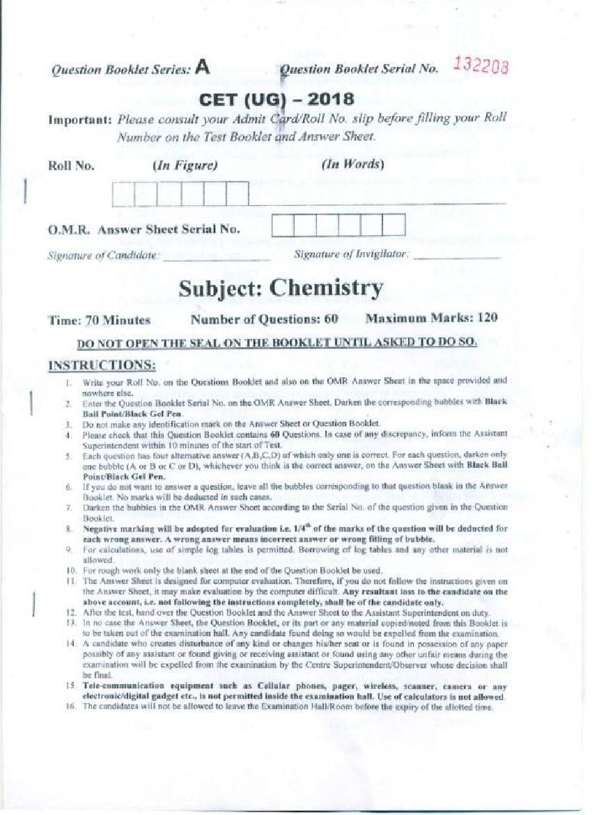 PU CET UG 2018 Question Paper Chemistry - Page 1