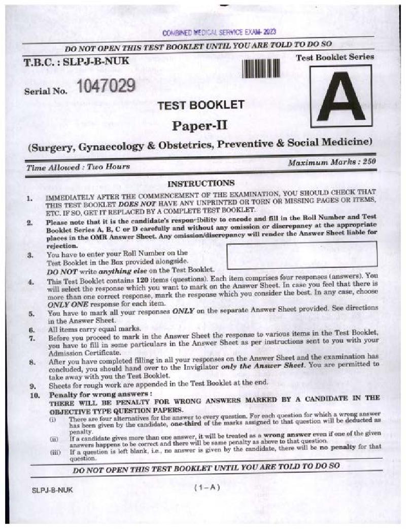 UPSC CMS 2023 Question Paper II Surgery, Genecology and Obstetrics, Preventive and Social Medicine - Page 1 of 24