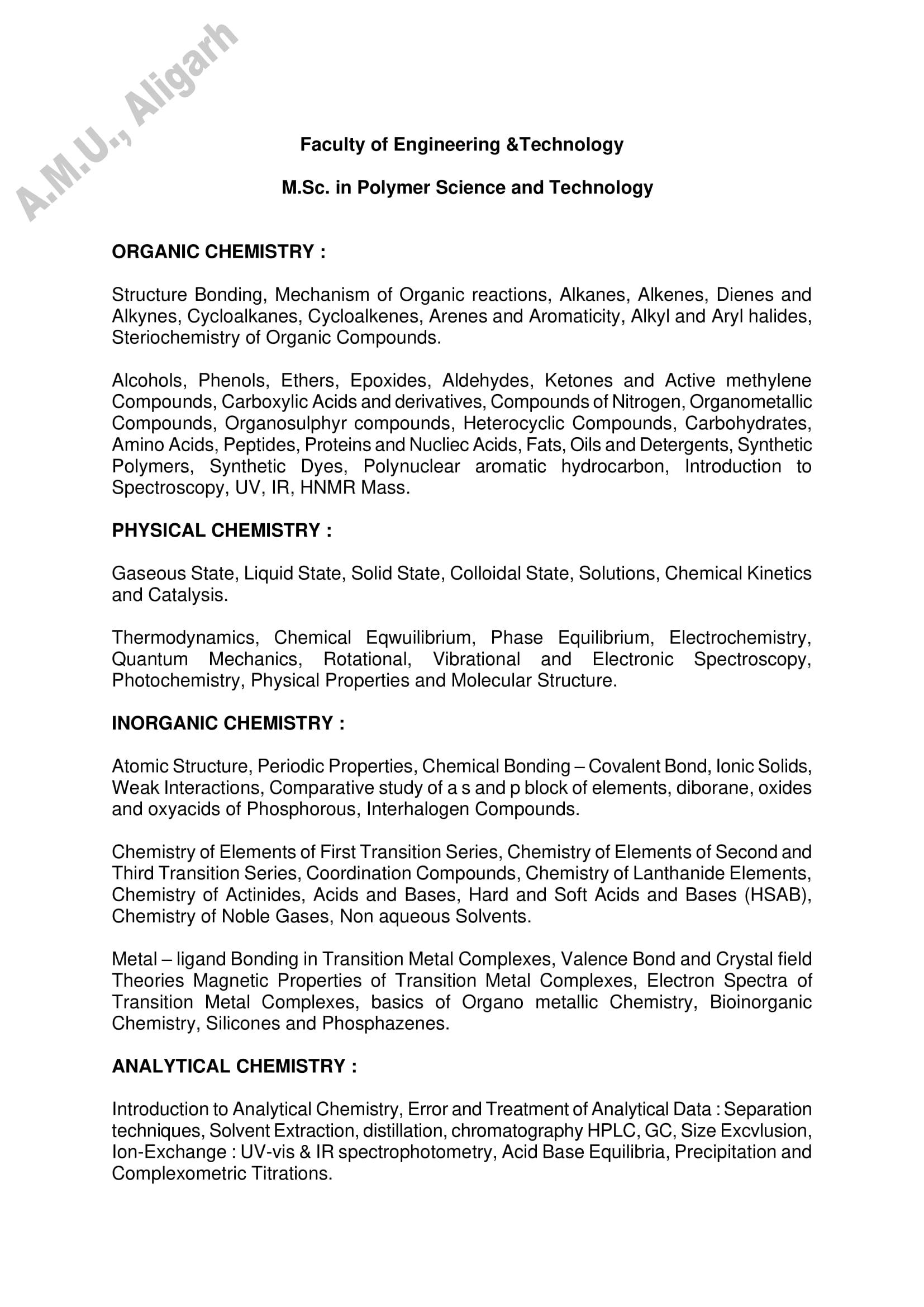 AMU Entrance Exam Syllabus for M.Sc. Polymer Science and Technology - Page 1