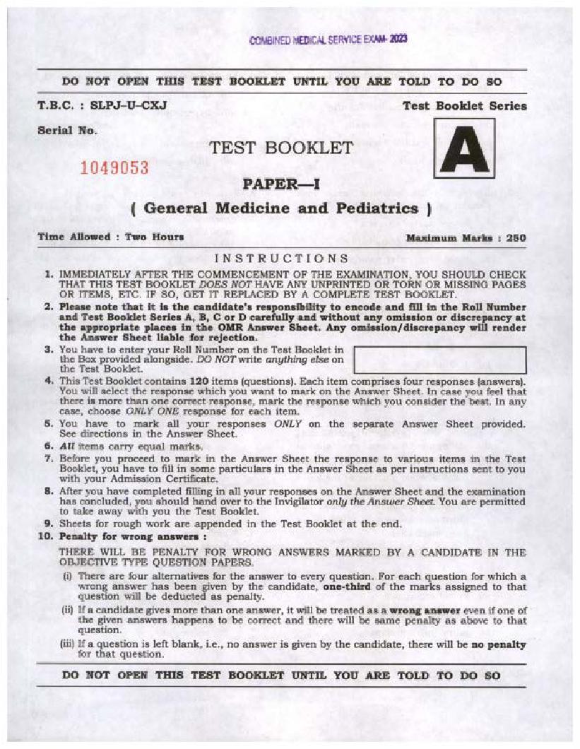 UPSC CMS 2023 Question Paper I General Medicine and Pediatrics - Page 1 of 24