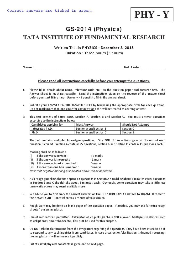 TIFR GS 2014 Question Paper Physics Y - Page 1 of 24
