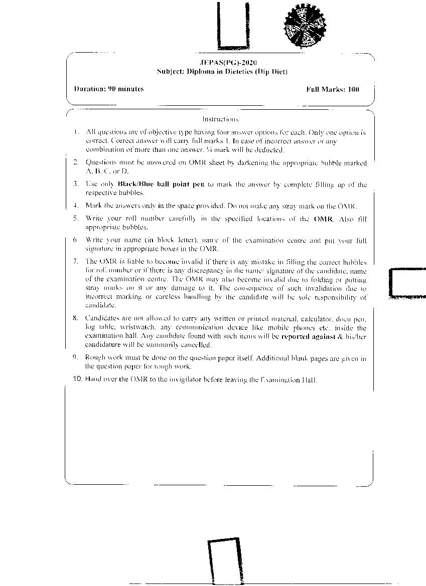 JEMAS PG 2020 Question Paper DIP DIET - Page 1 of 12